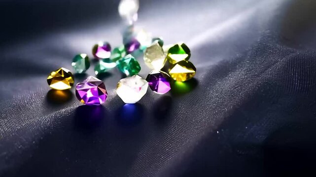 Colourful gemstones fall from above onto a black cloth.
