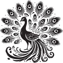 Black Color Peacock Silhouette Vector Illustration, Solid White Background. minimal vector design