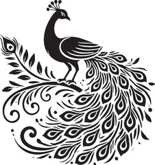Black Color Peacock Silhouette Vector Illustration, Solid White Background. minimal vector design