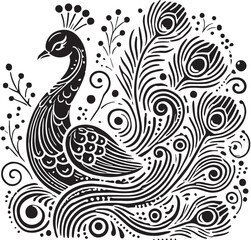 Black Color Peacock Silhouette Vector Illustration, Solid White Background. minimal vector design