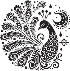 Black Color Peacock Silhouette Vector Illustration, Solid White Background. minimal vector design
