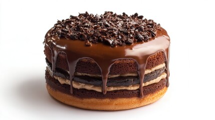 A delicious chocolate cake adorned with rich chocolate frosting and sprinkled with chocolate chips for an indulgent dessert experience.