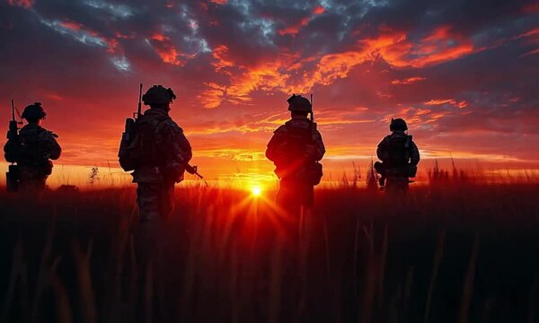  A team of soldiers in combat uniforms and helmets walks on the grassland