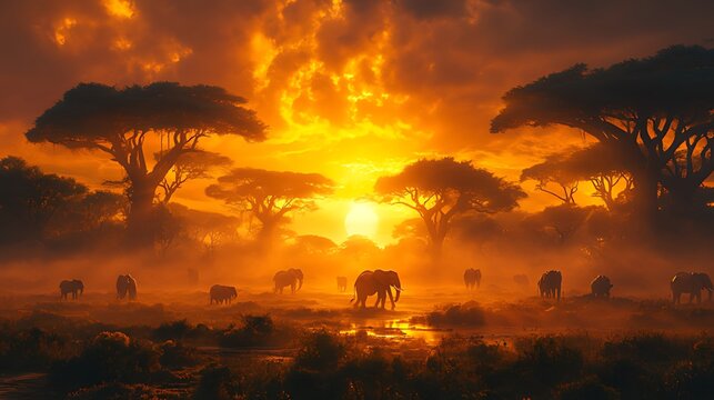 African savanna sunset elephant herd drinking, misty sunrise