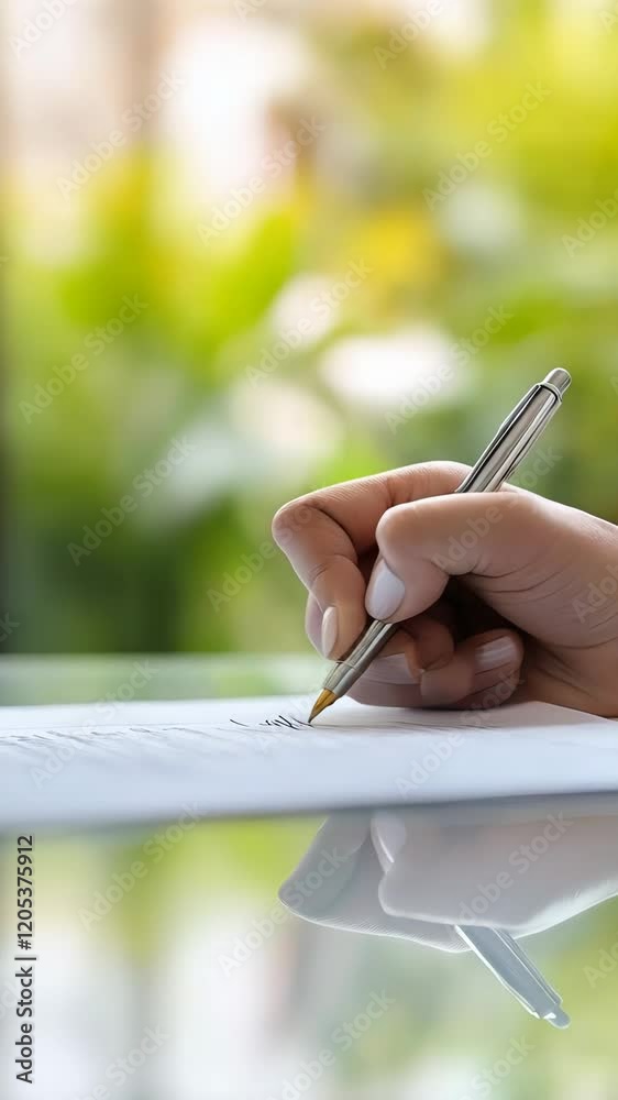 Poster businesswoman is signing important financial contract using a pen, with a blurred green background v