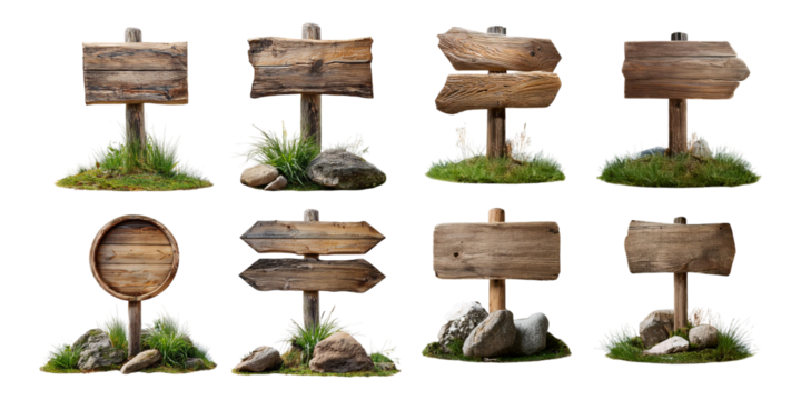 Wooden Signage in Natural Setting, set collection, mega bundle, isolated on transparent background