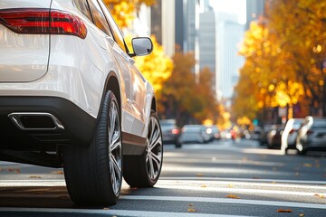 Naklejka premium Urban street scene featuring a modern white suv amidst autumn foliage and cityscape