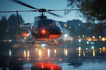 Helicopter flying over a calm lake at dusk with city lights.