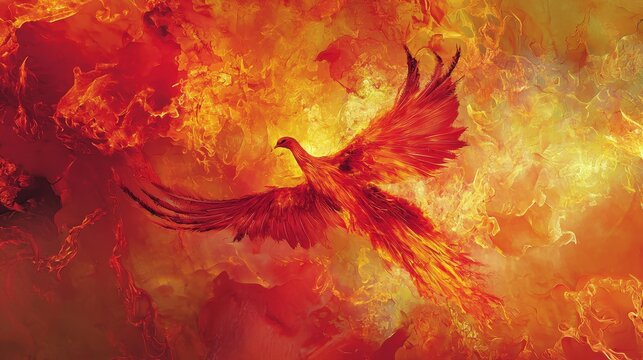 Fiery phoenix rising with dynamic flames in vibrant oranges and reds, symbolizing rebirth and power. Perfect for mythical, inspiring, and dramatic fantasy artwork.