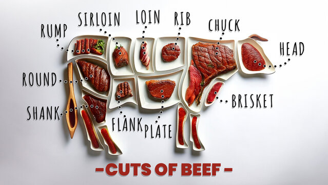 Illustrative beef cuts diagram showing labeled meat sections arranged in a cow shape, including chuck, rib, loin, and more.
