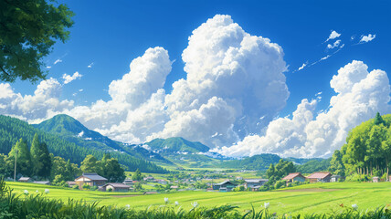 Fototapeta premium 夏空と入道雲が広がる日本の田舎風景