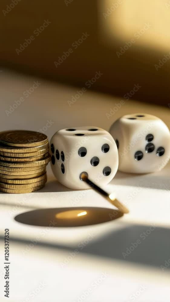 Poster two dice and a stack of coins on a white surface represent the risks and rewards of financial invest