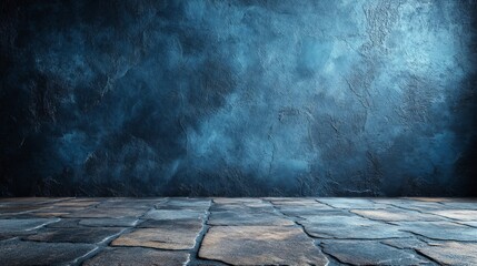 Dramatic dark blue smoky wall with stone floor for modern interior design