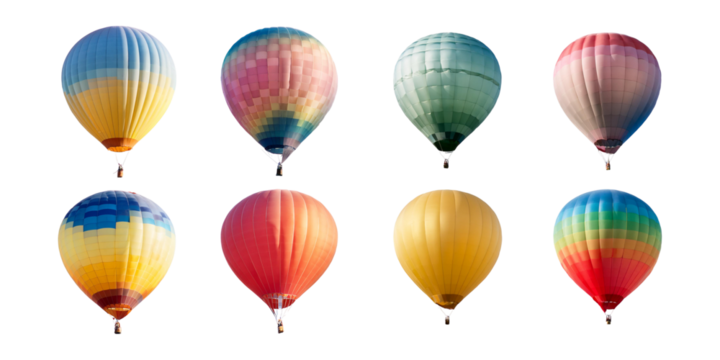 Colorful Hot Air Balloons in Various Patterns and Shades, set collection, mega bundle, isolated on transparent background
