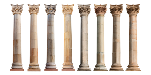 Antique Columns in Various Styles and Textures, set collection, mega bundle, isolated on transparent background