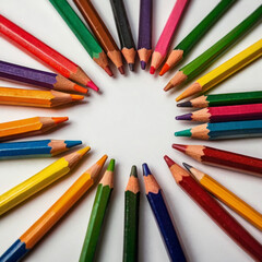 Fototapeta premium Colorful Pencils Arranged in a Circle on a Table