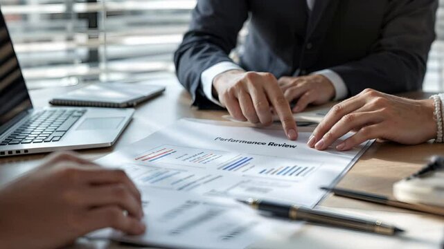 4K Footage of Close-up of professionals discussing HR review during a business meeting, emphasizing teamwork and strategic decision-making in a modern office environment.