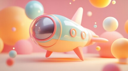 Fototapeta premium Cute spaceship design, styled with rounded shapes and soft pastel colors to create a playful and charming look