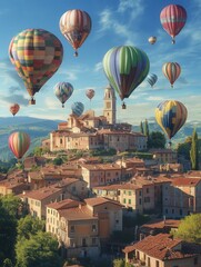 Obraz premium hot air balloons soaring over a picturesque village during a festive celebration under clear blue skies