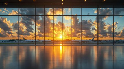 Sunrise over airport terminal with airplanes and reflected clouds on summer morning