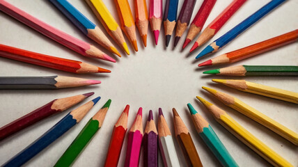 Fototapeta premium Colorful Pencils Arranged in a Circle on a Table