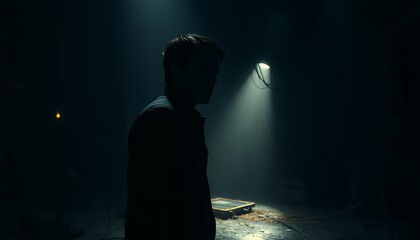 Silhouette of a pensive man in a dark, abandoned room illuminated by a single spotlight, creating a dramatic and mysterious atmosphere. The image evokes feelings of solitude and contemplation, with th