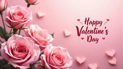Fototapeta premium Pink Roses and Hearts, Happy Valentine's Day Greeting