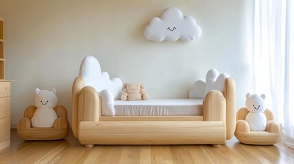 Cute wooden bedroom design with white clouds, blending light wood furniture with adorable cloud-themed decorations for a playful touch