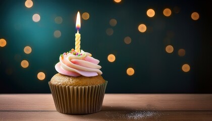 Decorated cupcake with candle, birthday anniversary celebration