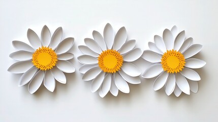 Obraz premium Three stylized daisy flowers featuring white petals and yellow centers are isolated on a white background, perfect for clean graphic design templates.