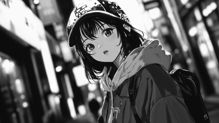 Fototapeta premium Young girl in urban street setting wearing a cap and casual clothing during evening hours