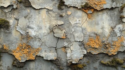 Grungy concrete wall texture with cracks and moss for background and design