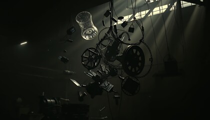 Suspended in Darkness: A Surreal Jumble of Objects Illuminated by Rays of Light.  The enigmatic composition features dark silhouettes of various objects floating amidst a chaotic, dreamlike atmosphere