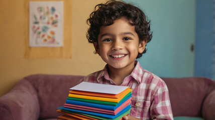 Fototapeta premium Happy Child Holding a Stack of Colored Papers