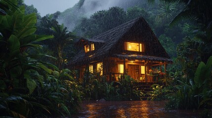 Tropical wooden hut glowing warmly in a lush jungle during evening rain, surrounded by vibrant vegetation, symbolizing serenity and adventure. Perfect for tranquil and exotic themes.