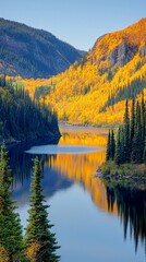 Fototapeta premium Calm lake reflecting autumn foliage in mountain valley.