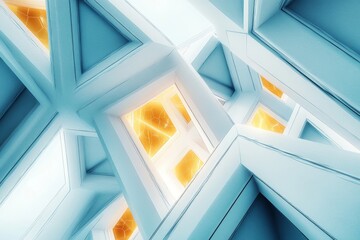 Obraz premium Futuristic architectural wall featuring hexagonal honeycomb pattern with warm golden glow