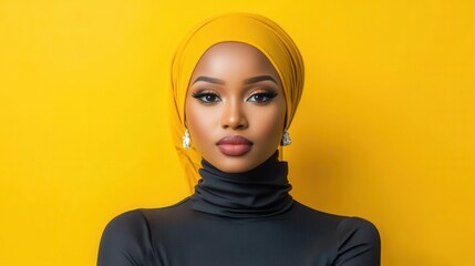 A captivating portrait of a young woman in a hijab and black turtleneck, exuding elegance and confidence with a serene expression.