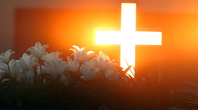 Serene sunset scene featuring a luminous cross silhouetted against a vibrant orange sky. White lilies in the foreground add a touch of peaceful beauty.