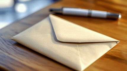 envelope , empty paper and pen on table.