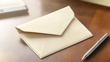 envelope  empty paper and pen on table.