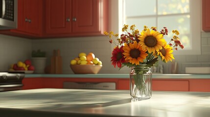 A cheerful arrangement of sunflowers and chrysanthemums in a small glass vase, styled on a kitchen island with a fruit bowl in the background.