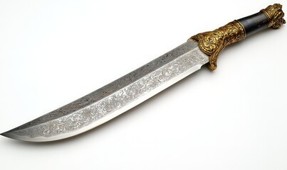 Ornate, long, curved blade; detailed handle.
