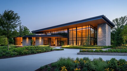 Modern building dusk garden landscape