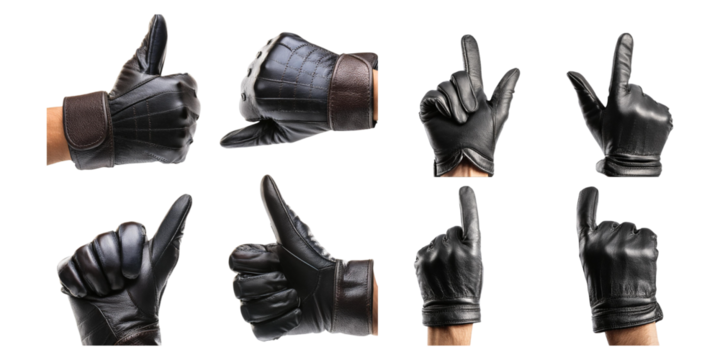 Hand in leather glove gestures in different positions, set collection, mega bundle, isolated on transparent background