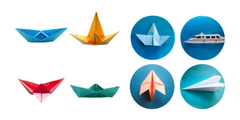 origami icons on the theme of travel. Made of folded paper airplane, boat, car and train, set collection, mega bundle, isolated on transparent background