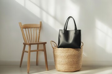 Stylish Black Tote Bag Amongst Natural Bags