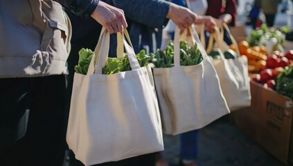 Close-up photo of people holding eco-friendly white shopping bags filled with fresh produce at outdoor farmers market 