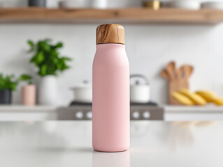 Pink water bottle on counter