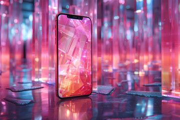 modern mockup smartphone displaying vibrant, geometric app interface, surrounded by reflective pink and blue crystalline structures. app launch presentations, marketing material for technology, modern
